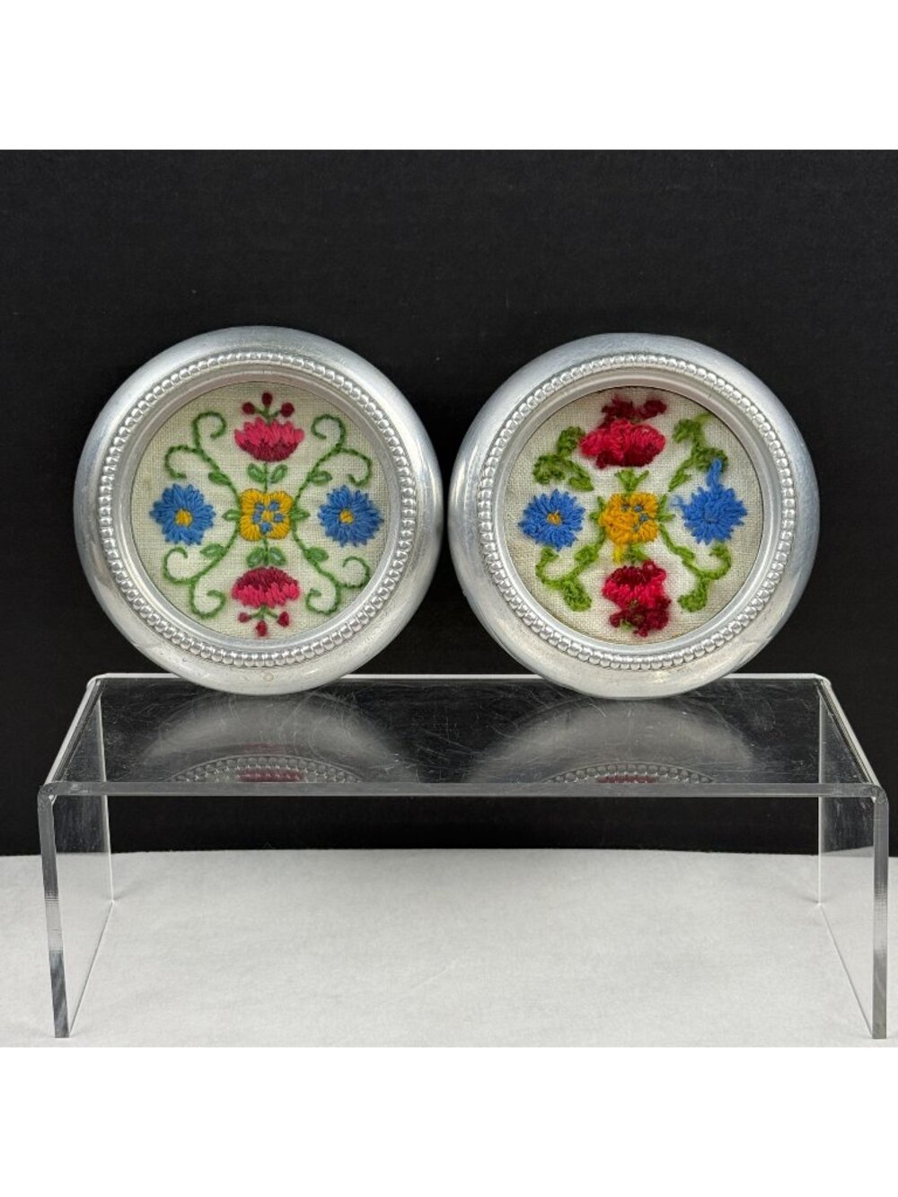 Vintage Aluminum Stacking Coasters with Embroidery Insert Set of 2